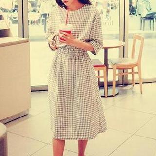 Windowpane Check Elbow-sleeve Dress