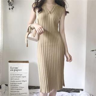 Plain Short Sleeve Midi Side Slit Dress