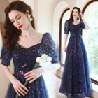 Puff-sleeve Sequined Sheath Evening Gown