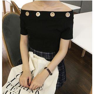 Eyelet Detail Off-shoulder Short-sleeve T-shirt