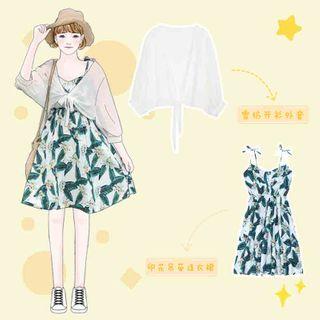 Flower Print Spaghetti Strap A-line Dress / Open Front Chiffon Jacket