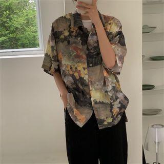 Short-sleeve Flower Print Shirt Gray - One Size