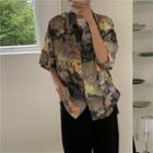 Short-sleeve Flower Print Shirt Gray - One Size