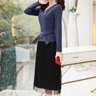 Set: V-neck Knit Top + Midi Accordion Pleat Mesh Skirt