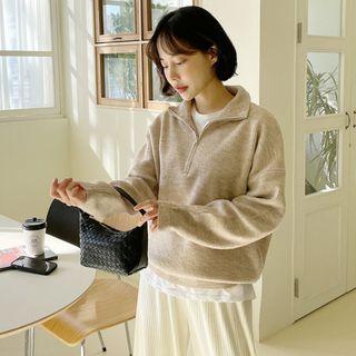 Zipped Ribbed Wool Blend Sweater