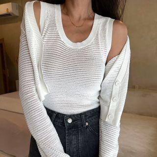 U-neck Plain Plaid Cropped Tank Top / Plain Knit Cropped Cardigan