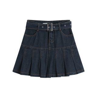 Belted Pleated Denim Mini A-line Skirt
