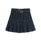 Belted Pleated Denim Mini A-line Skirt