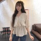 Heart Print V-neck Chiffon Top Almond - One Size
