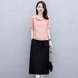 Set: Short-sleeve Hoodie + Midi A-line Skirt