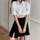 Puff-sleeve Shirt / Check Cropped Camisole / Pleated Mini Skort