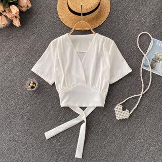 V-neck Lace-up Strap Short-sleeve Top