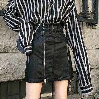 Striped Oversize Shirt / High-waist Mini A-line Skirt