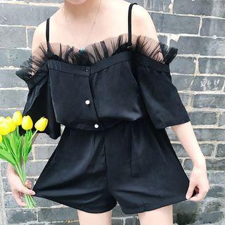 Ruffled Off-shoulder Elbow-sleeve Playsuit