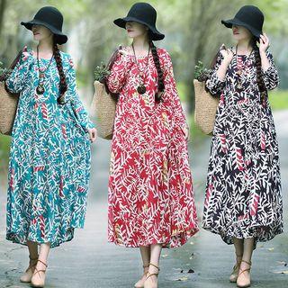 Long-sleeve Leaf Printed Midi A-line Dress