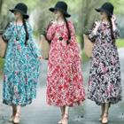 Long-sleeve Leaf Printed Midi A-line Dress