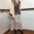 Long-sleeve Dotted Midi Chiffon Dress / Knit Vest