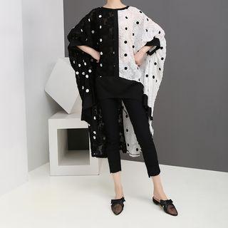 3/4-sleeve Contrast Color High-low Dotted Dress As Shown In Figure - One Size