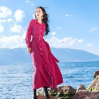 Corduroy Belted Long-sleeve Maxi A-line Dress