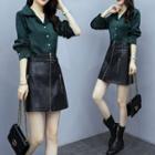 Long-sleeve Plain Shirt / High-waist Zip Faux Leather Skirt