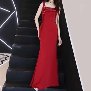 Spaghetti Strap Rhinestone A-line Evening Gown