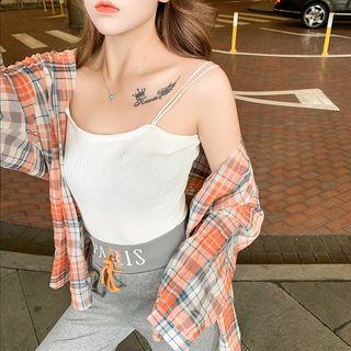 Plain Camisole Top / Plaid Shirt / Lettering Drawstring Cropped Harem Pants
