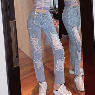 Distressed Beaded Wide-leg Jeans