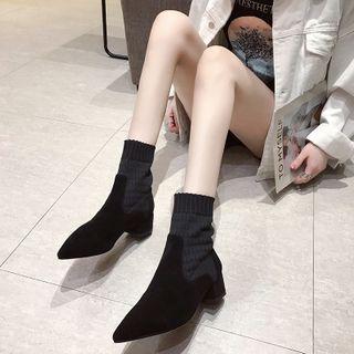 Block Heel Pointed Knit Short Boots