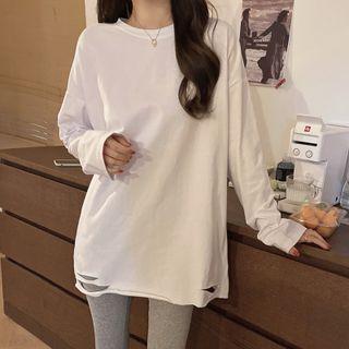 Long-sleeve Round-neck Ripped Plain Top