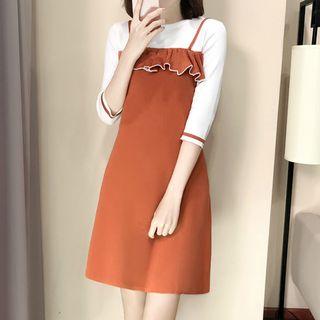Short Sleeve Mock Two-piece Ruffle Knit Midi Dress