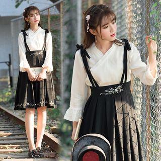 Embroidered Suspender Pleated Mini Skirt / Long-sleeve Blouse / Set