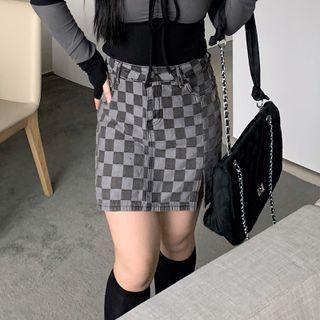 Checkerboard Washed Denim Mini Pencil Skirt