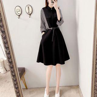 3/4-sleeve Houndstooth Panel A-line Dress