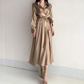 Long-sleeve Satin Midi Shirtdress