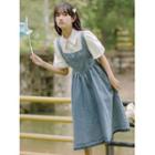 Mock Two-piece Puff-sleeve Washed Denim Midi Corset Dress
