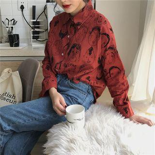 Portrait Print Long-sleeve Loose-fit Shirt