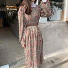 Floral Print Long-sleeve A-line Maxi Dress As Shown In Figure - One Size