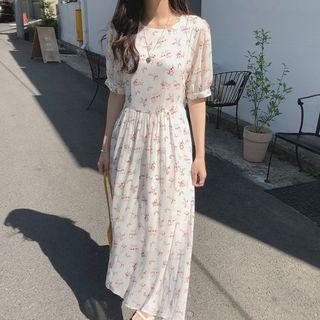 Short Sleeve Floral Printed Chiffon Dress As Shown In Figure - One Size