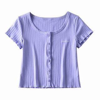 Letter Embroidered Short-sleeve Cropped Cardigan