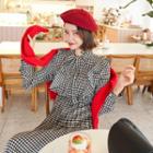 Tie-neck Frilled Plaid Long Dress