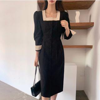 Color-block 3/4-sleeve Midi Dress
