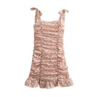 Tie-strap Floral Print Ruched Mini Sheath Dress