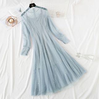 Set: Slipdress + Sequined Long-sleeve Midi Mesh A-line Dress