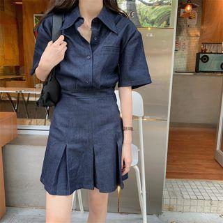 Short-sleeve Denim Pleated Mini A-line Dress