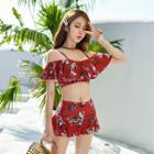 Set: Cat Print Ruffled Bikini Top + Swim Skirt