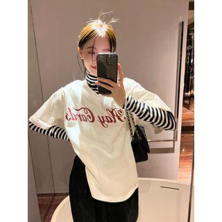 Elbow-sleeve Lettering T-shirt Lettering - White - One Size
