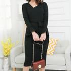 Knit Long-sleeve Tie-waist Sheath Dress