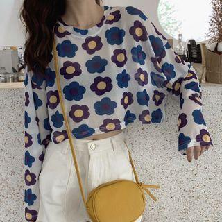 Long-sleeve Flower Print Cropped T-shirt