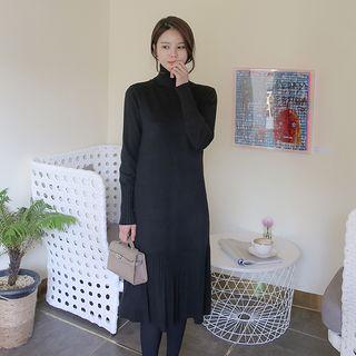 Turtle-neck Pleated-hem Knit Dress