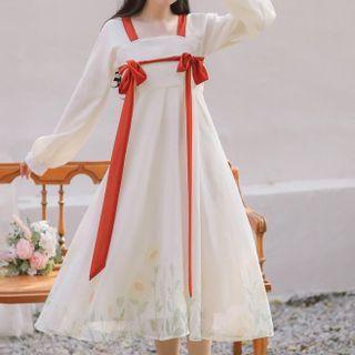 Puff-sleeve Rabbit Print Midi A-line Dress